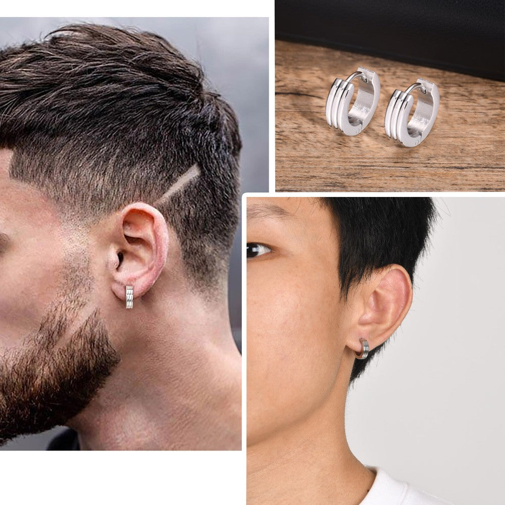 Grooved Hoop Earrings for Men Boys,Stainless Steel Anti Allergy Goth Ear Jewelry